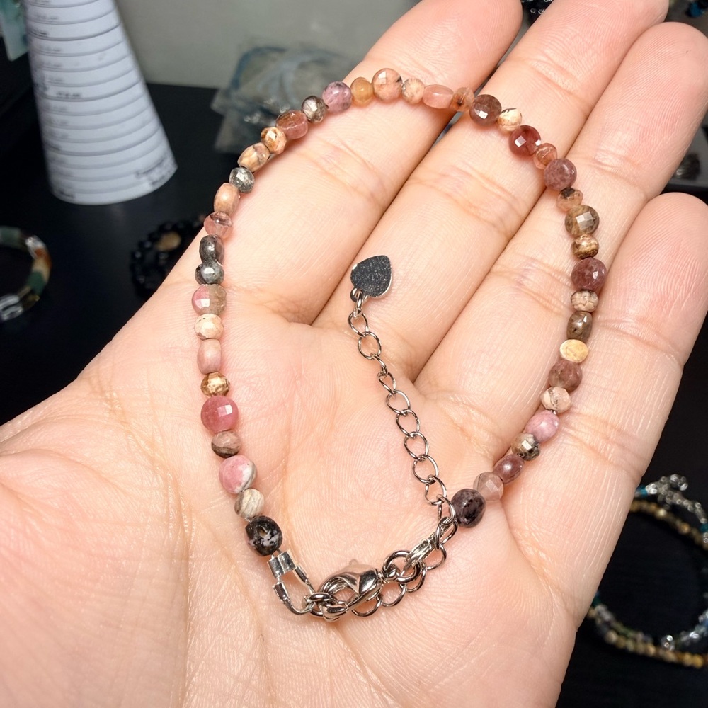 Rhodonite & Rhodochrosite 4mm Adjustable Bracelet | Stainless Steel Extender - Picture 4 of 4